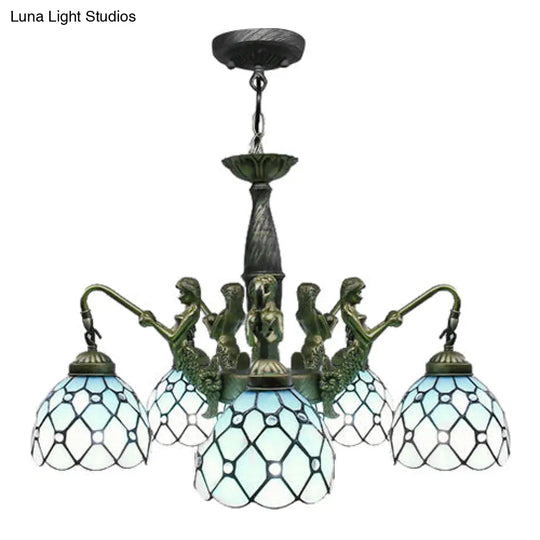 5-Light Tiffany Blue Cut Glass Pendant Chandelier With Mermaid Deco