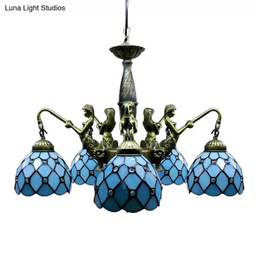 5-Light Tiffany Blue Cut Glass Pendant Chandelier With Mermaid Deco