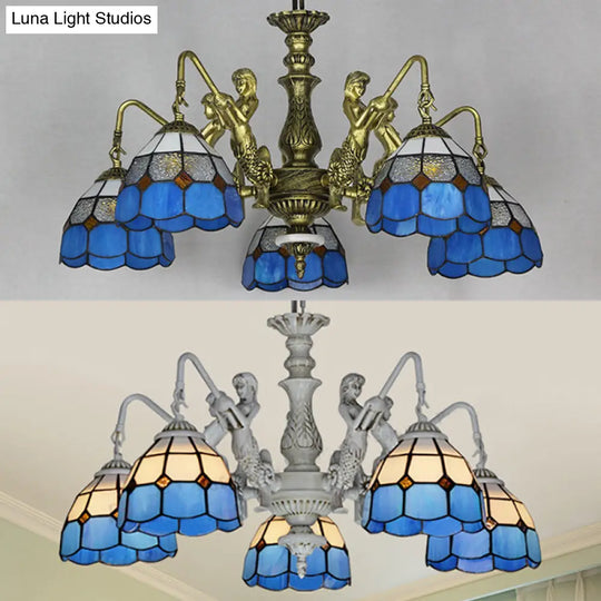 5-Light Tiffany Chandelier: Cut Glass Dome Pendant Lamp In White/Antique Brass With Mermaid Deco