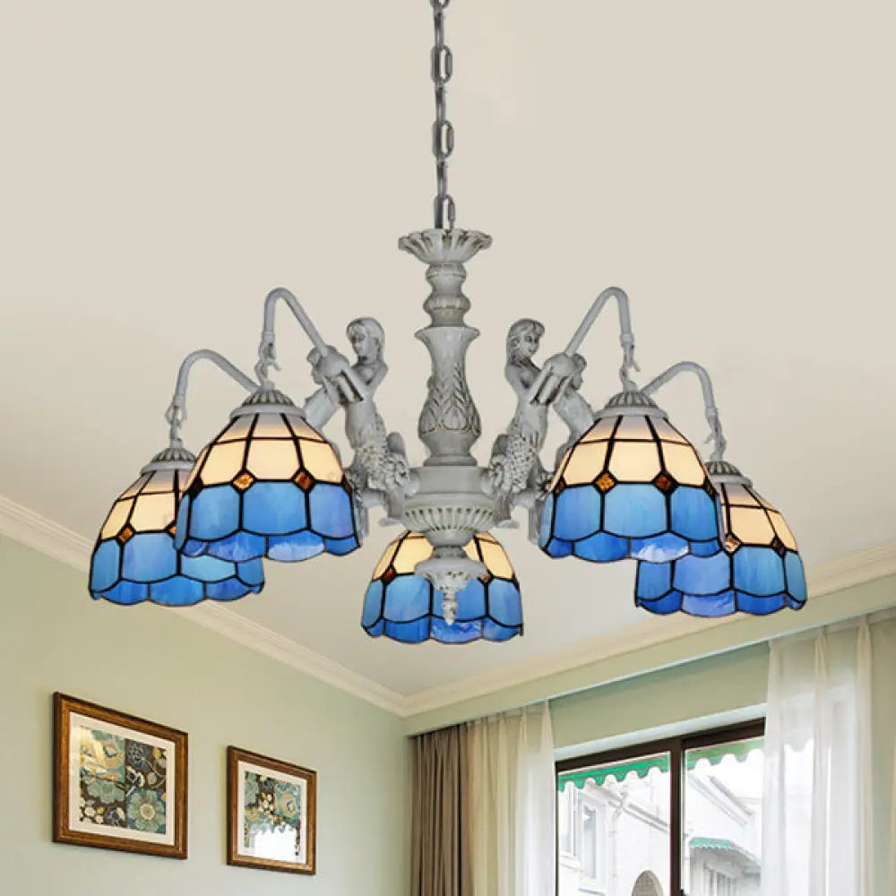 5-Light Tiffany Chandelier: Cut Glass Dome Pendant Lamp In White/Antique Brass With Mermaid Deco