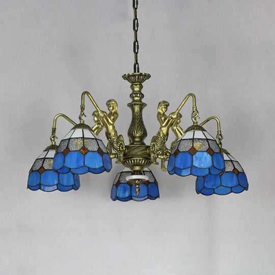 5-Light Tiffany Chandelier: Cut Glass Dome Pendant Lamp In White/Antique Brass With Mermaid Deco