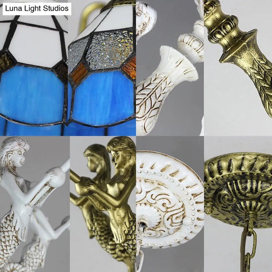 5-Light Tiffany Chandelier: Cut Glass Dome Pendant Lamp In White/Antique Brass With Mermaid Deco