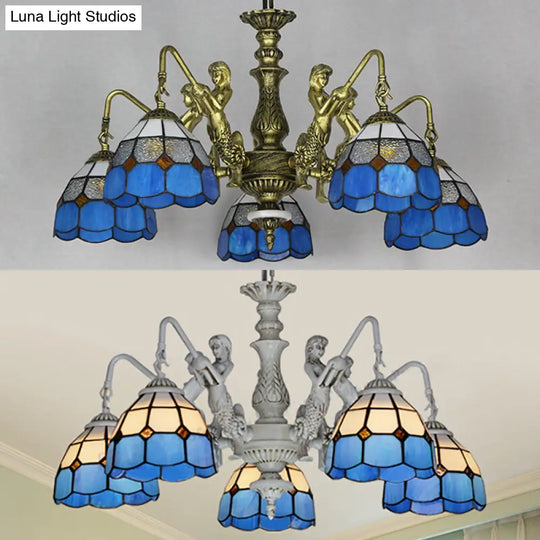 Stunning 5-Light Cut Glass Pendant Lamp: White/Antique Brass Tiffany Chandelier With Mermaid Deco