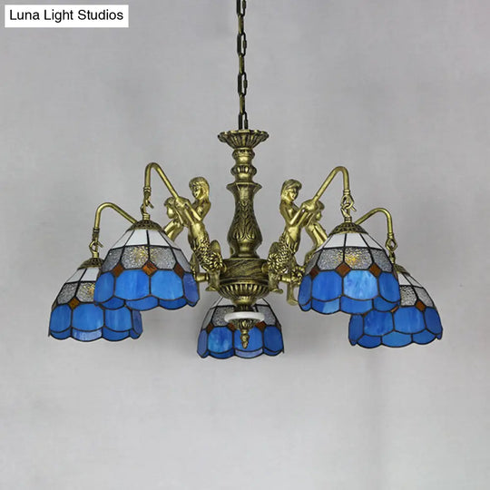 Stunning 5-Light Cut Glass Pendant Lamp: White/Antique Brass Tiffany Chandelier With Mermaid Deco