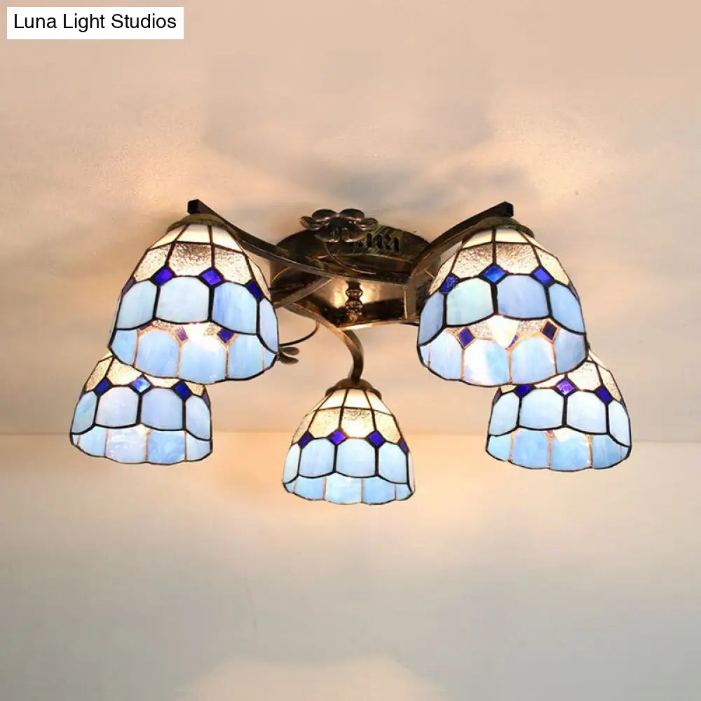 5-Light Tiffany Style Dome Semi Flush Mount Light In White/Clear Clear