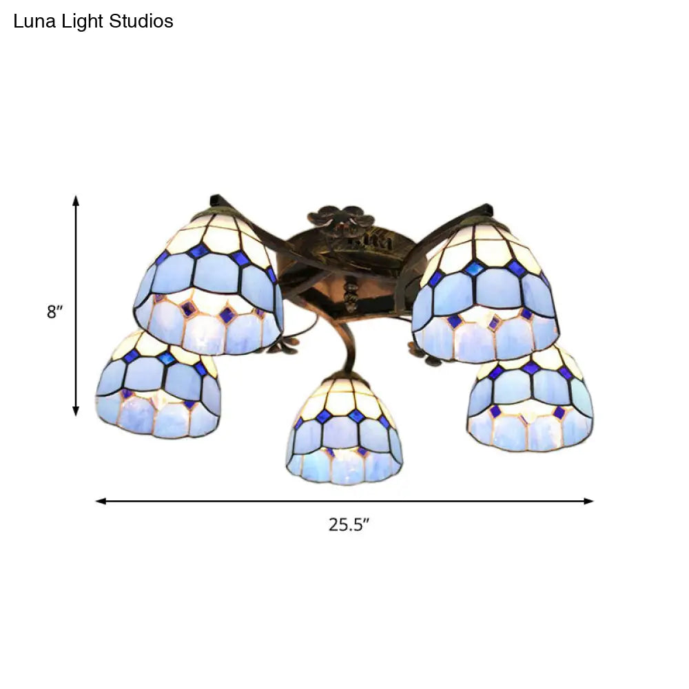 5-Light Tiffany Style Dome Semi Flush Mount Light In White/Clear