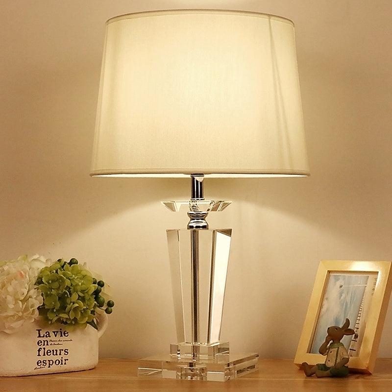 Modernist Fabric Nightstand Lamp - Barrel Crystal Task Light 1 Bulb 21/23.5 Long White