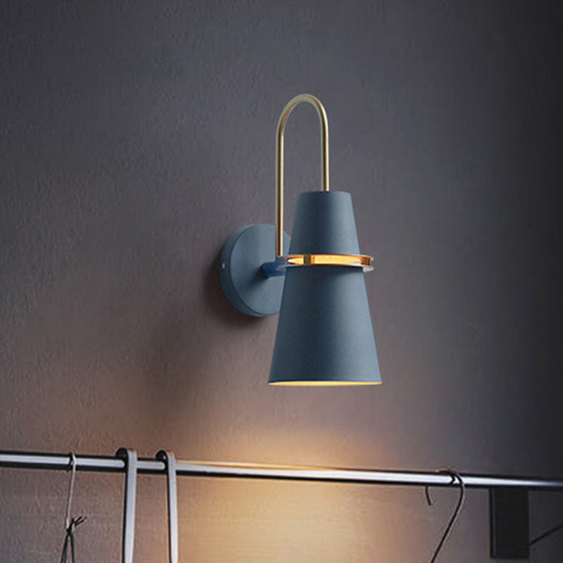 Contemporary Metallic Flared Wall Sconce Light With Curved Arm - Blue/Black 1 Head Mount Lamp