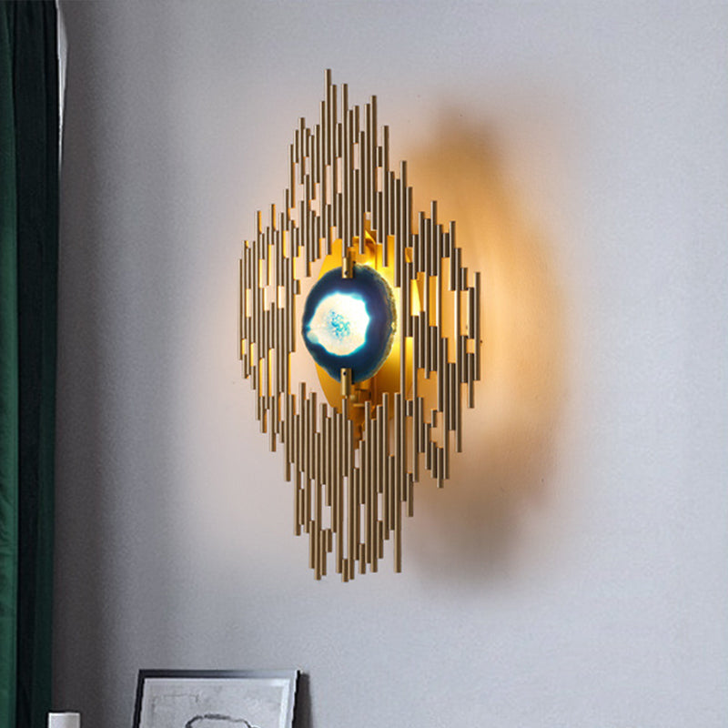 Modern Gold Wall Sconce With Agate Deco - 1 Light Metallic Rhombus Design For Living Room Lighting