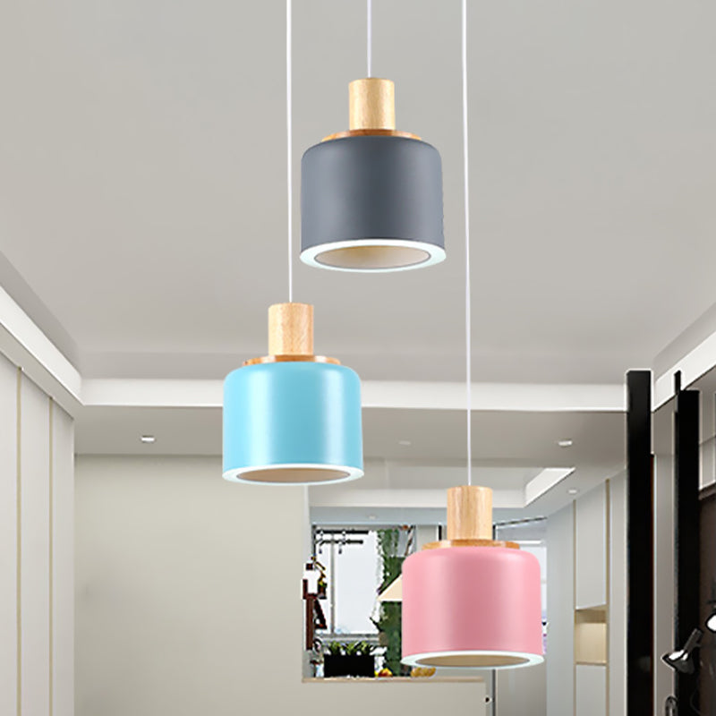 Small White Drum Cluster Pendant Light with 3 Metallic Heads and Wood Top - Minimalist Ceiling Hang Fixture