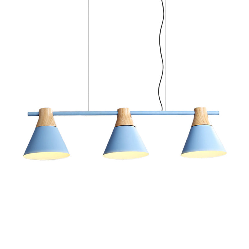 Modern Iron Cone Suspension Light with 3 Bulbs in Yellow/Blue/Green - Linear Design for Dining Room