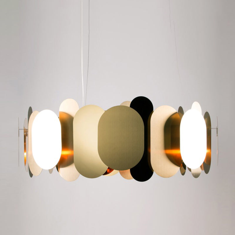 Modern Metal LED Oval Panel Pendant Light for Living Room Ceiling in Brass, White/Warm Light