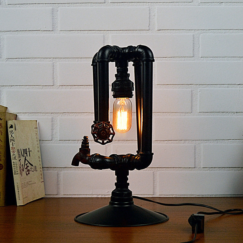 Vintage Style Black 1-Light Desk Lamp With Metallic Crossing Pipe And Water Tap Deco