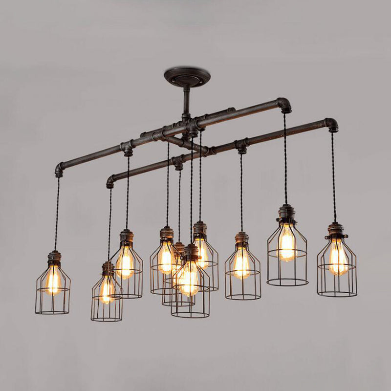 Aged Silver 6/10 Bulbs Industrial Cage Iron Pendant Light With Double Pipe Rod - Island Hanging Lamp