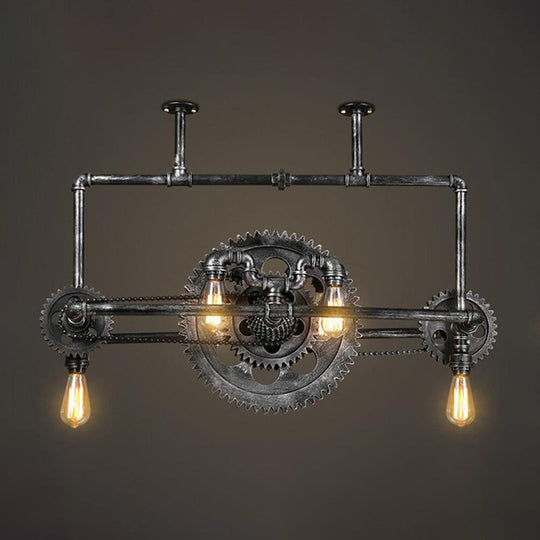 Vintage 6-Light Metallic Gear Hanging Lighting Fixture In Black Pendant