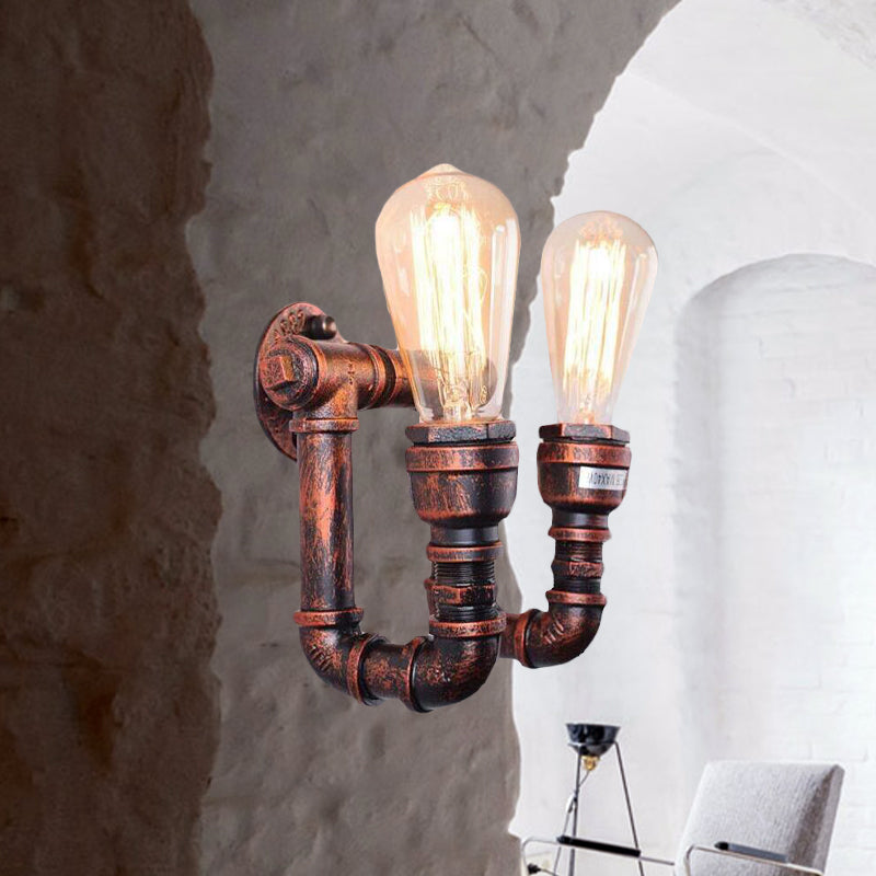 Copper Metal Wall Sconce With Antiqued Piping - 2 Lights For Stairway