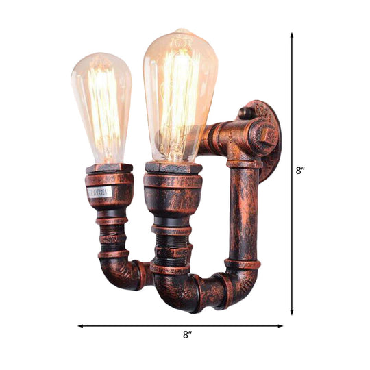 Copper Metal Wall Sconce With Antiqued Piping - 2 Lights For Stairway