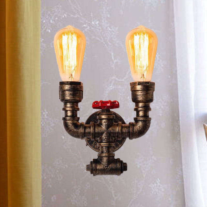 Industrial Brass Pipe And Valve Sconce Lighting - 2-Bulb Corridor Wall-Mount Lamp