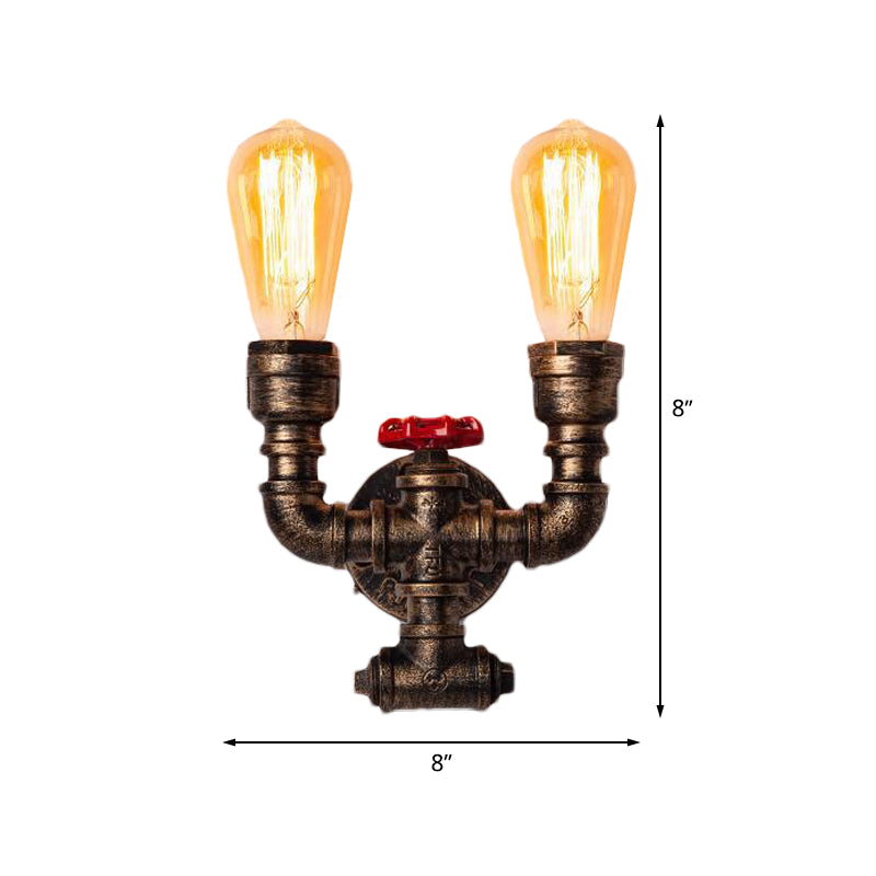 Industrial Brass Pipe And Valve Sconce Lighting - 2-Bulb Corridor Wall-Mount Lamp