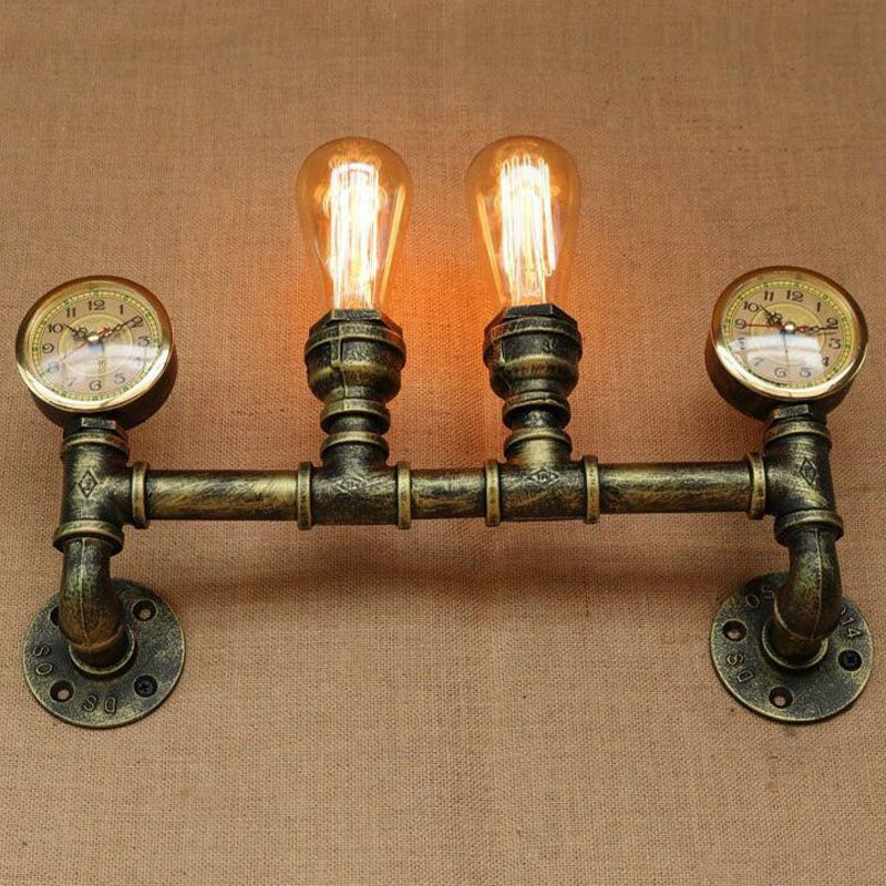 Farmhouse Wall Mount Sconce Light With Iron Brass Finish Pipe Design And 2 Lights