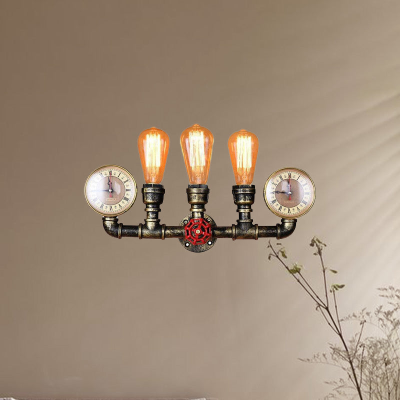 Industrial Brass Bare Bulb Wall Lamp With Valve And Gauge 3-Head Iron Lighting For Hallway