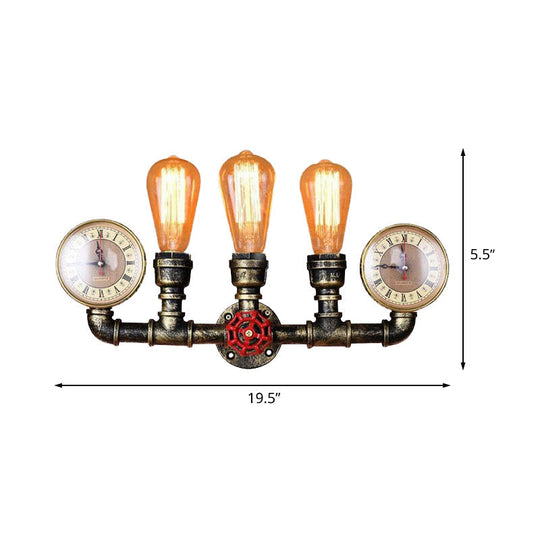 Industrial Brass Bare Bulb Wall Lamp With Valve And Gauge 3-Head Iron Lighting For Hallway