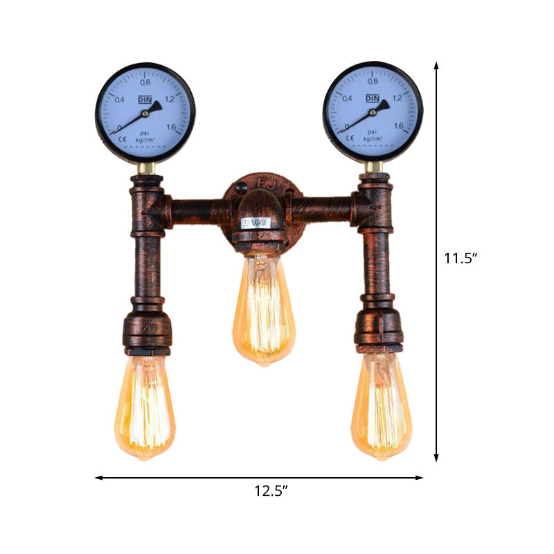 Vintage Water Pipe Metal Wall Sconce Lamp In Copper - 3 Bulbs Light Fixture With 2-Gauge Deco
