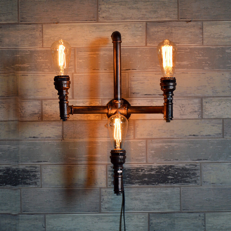 Rustic Farmhouse Pipe Sconce: 3-Bulb Wall-Mounted Lamp With Metallic Finish Rust