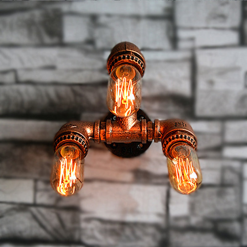 Antiqued Iron Water Pipe Wall Sconce With 3 Brass Bulbs For Corridor Lighting