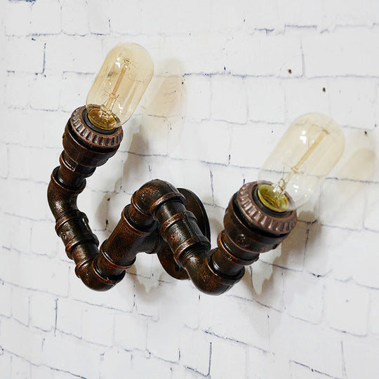Metallic Curved Arm Sconce Lighting Fixture: 2-Head Industrial Hallway Wall Lamp In Rust