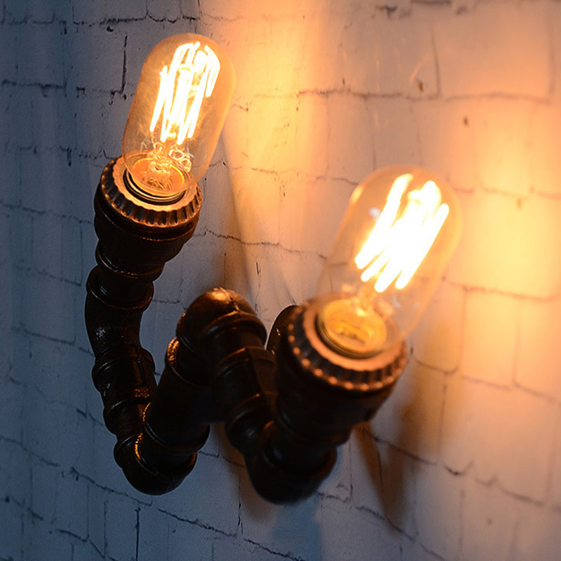 Metallic Curved Arm Sconce Lighting Fixture: 2-Head Industrial Hallway Wall Lamp In Rust