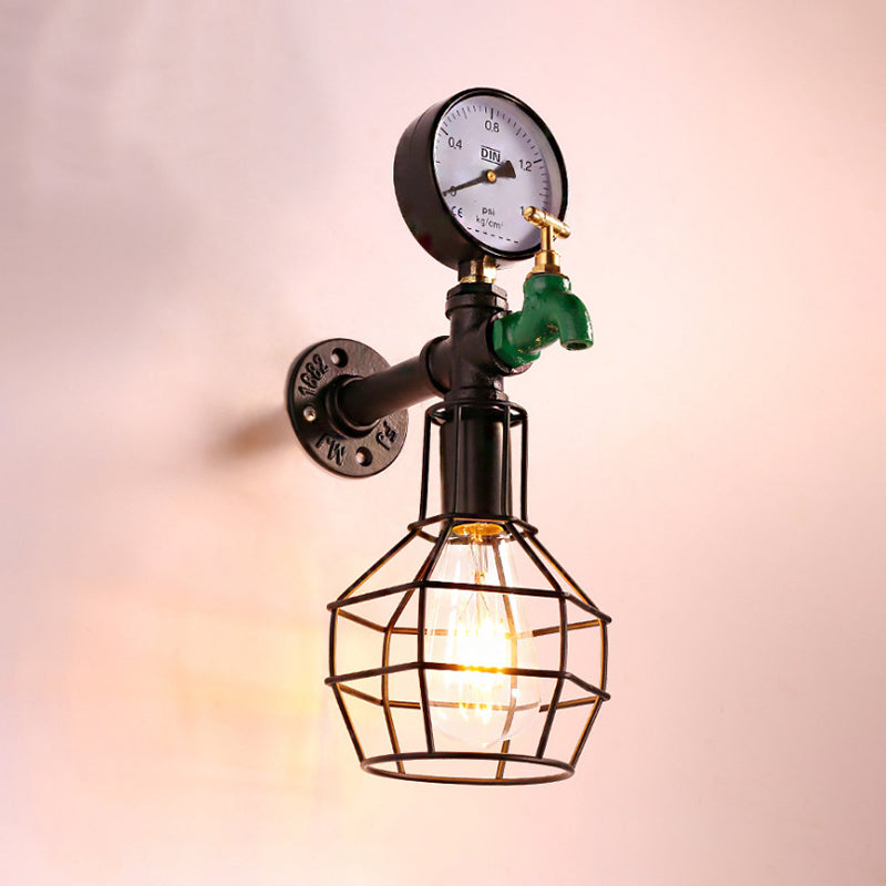 Vintage Wire Cage Wall Sconce Light - Black Metal Mounted Lamp Fixture With Water Tap And Gauge Deco