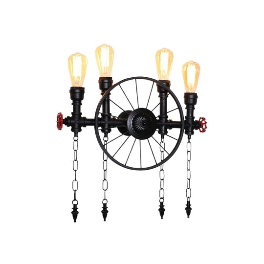 Farmhouse 4-Light Wheel Metal Wall Sconce In Black With Chain