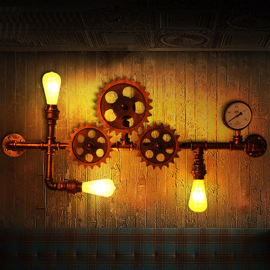 Industrial Rustic Gear Sconce Lamp: Metallic Wall Mount Light With 3 Bulbs For Living Room