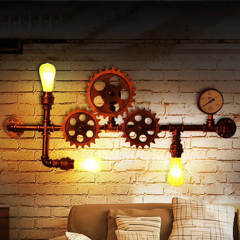 Industrial Rustic Gear Sconce Lamp: Metallic Wall Mount Light With 3 Bulbs For Living Room