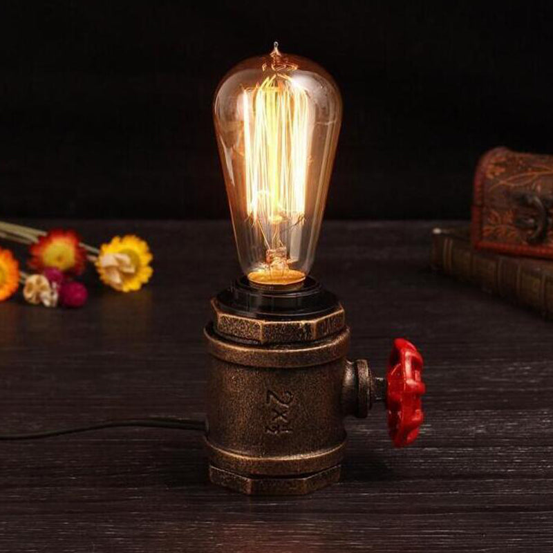 Industrial Rust Finish Metal Night Table Lamp With Valve Deco - Bare Bulb Task Light For Bedroom