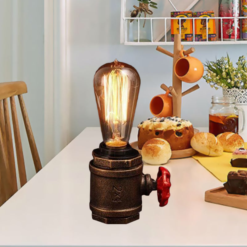 Industrial Rust Finish Metal Night Table Lamp With Valve Deco - Bare Bulb Task Light For Bedroom