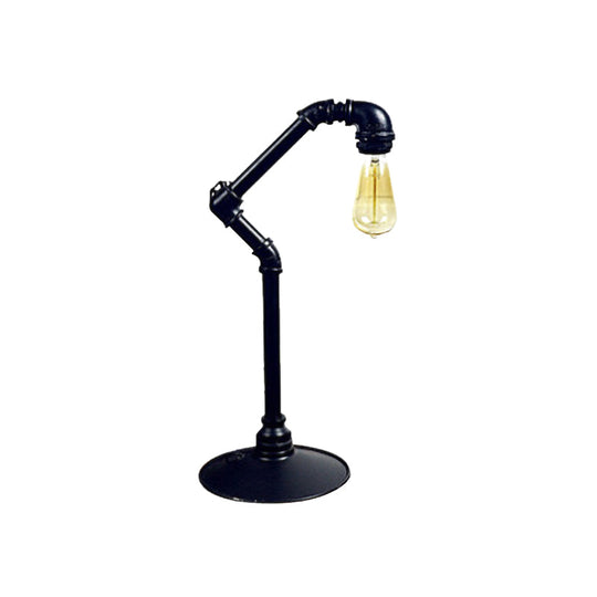 Industrial Arched Pipe 1-Head Table Lamp In Metallic Black | Plug-In Night Light With Round Base