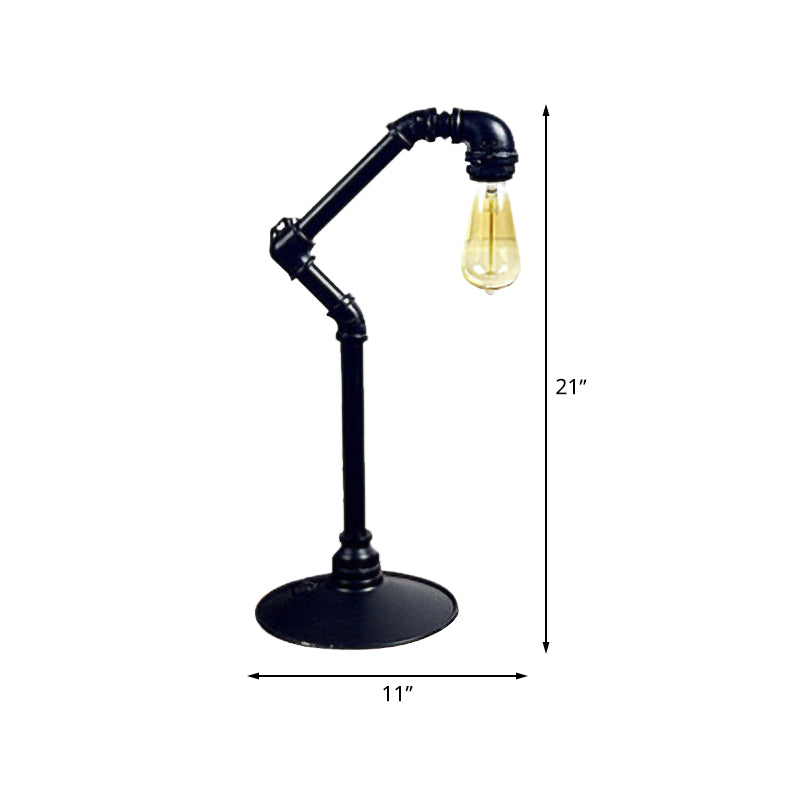 Industrial Arched Pipe 1-Head Table Lamp In Metallic Black | Plug-In Night Light With Round Base