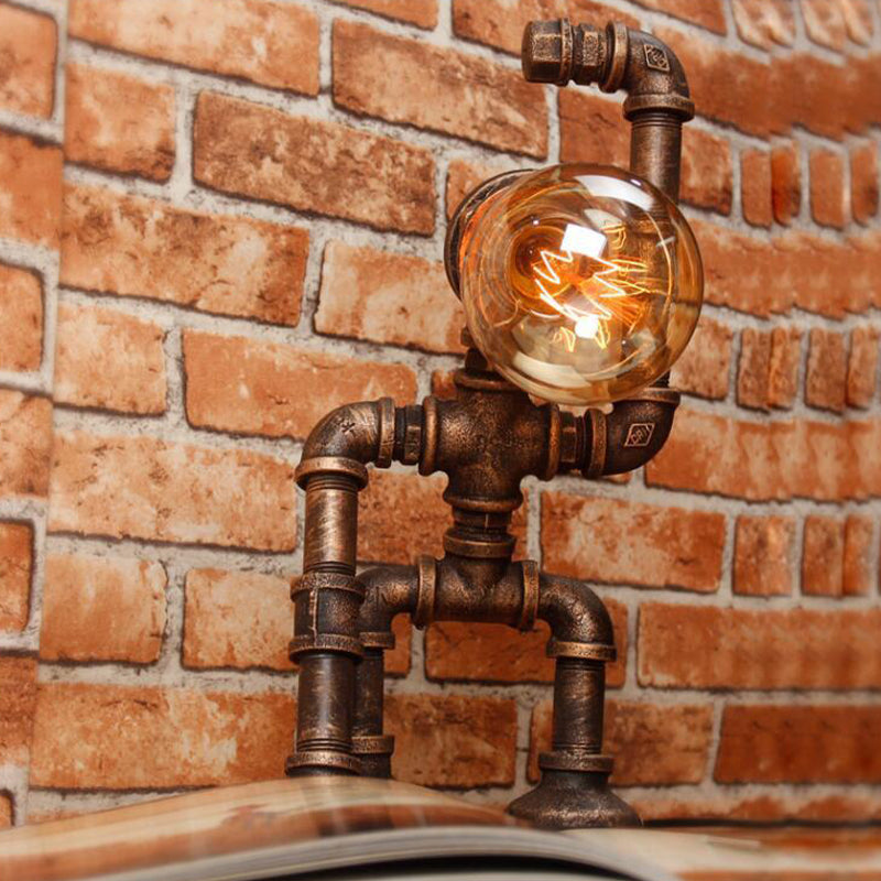 Rustic Iron Hand-Raising Robot Farmhouse Nightstand Lamp With Table Light Rust