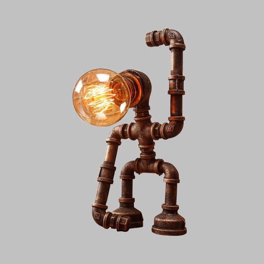 Rustic Iron Hand-Raising Robot Farmhouse Nightstand Lamp With Table Light