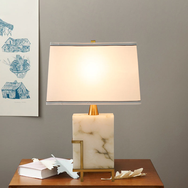 White Tapered Task Lamp - Modern 1-Head Fabric Desk Light With Marble Base