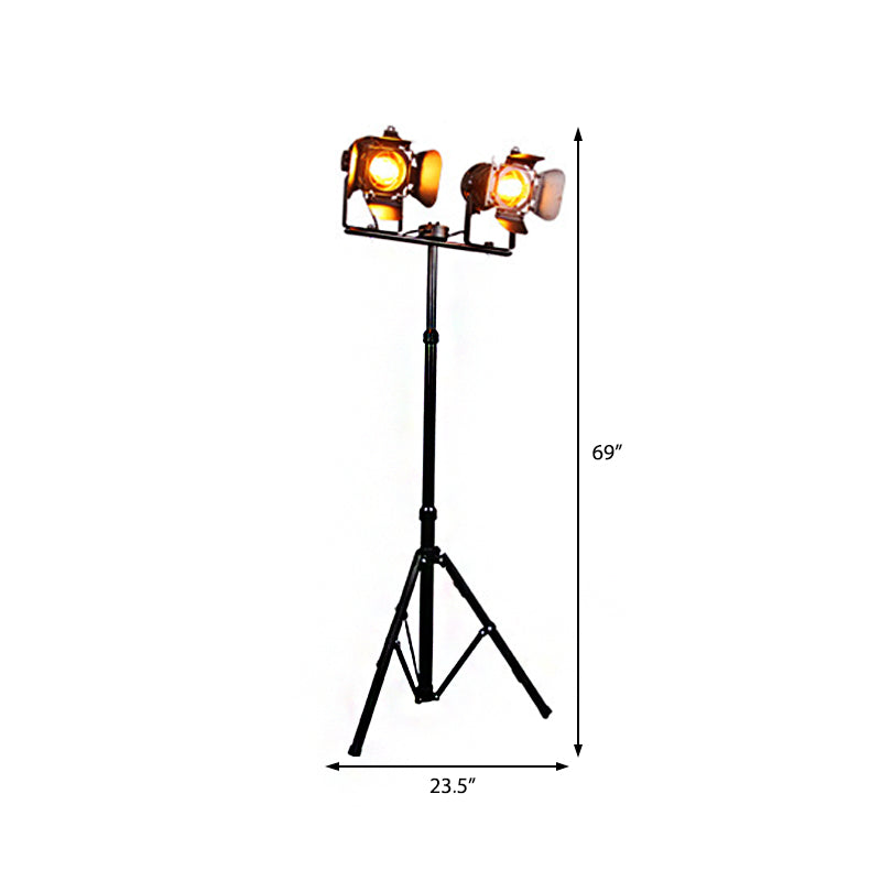 Industrial Metal Tripod Floor Lamp With 2 Lights - Black/Red Shades Ideal For Living Room