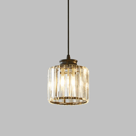 Modern Black Drum Pendant Light With Clear Crystal Ceiling Hang Fixture For Living Room
