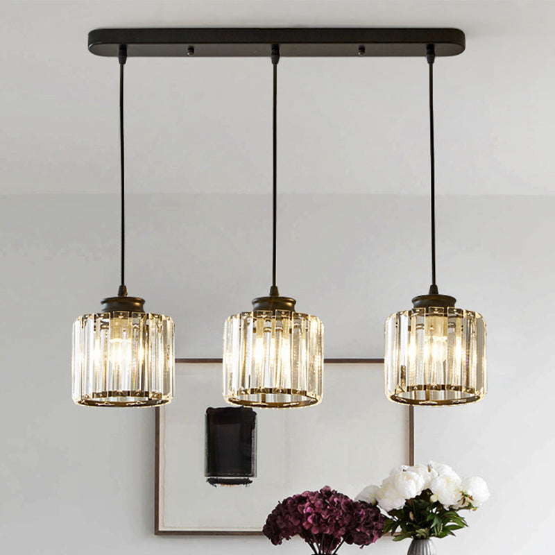 Modernist Drum Crystal Multi-Light Pendant - 3 Lights - Black Ceiling Hanging Fixture with Linear/Round Canopy