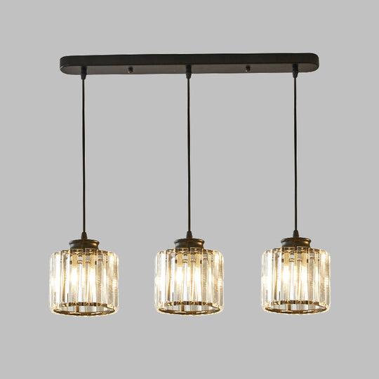 Modernist Drum Crystal Multi-Light Pendant - 3 Lights - Black Ceiling Hanging Fixture with Linear/Round Canopy