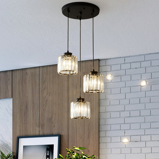Modernist Drum Crystal Multi-Light Pendant - 3 Lights Black Ceiling Fixture With Linear/Round Canopy