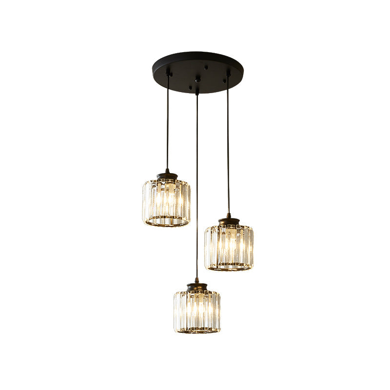 Modernist Drum Crystal Multi-Light Pendant - 3 Lights Black Ceiling Fixture With Linear/Round Canopy