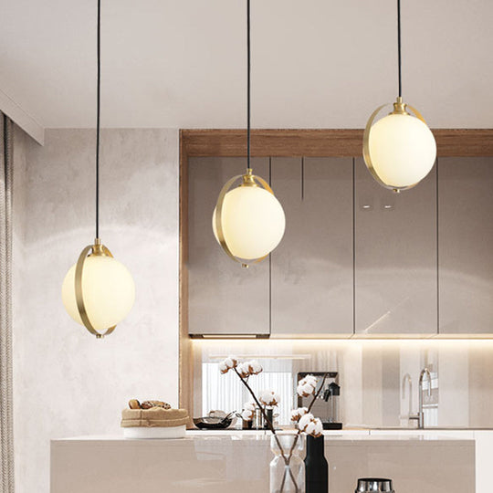 Modern Opal Glass Ball Suspension Pendant Lamp With 3 Heads In Gold / Linear