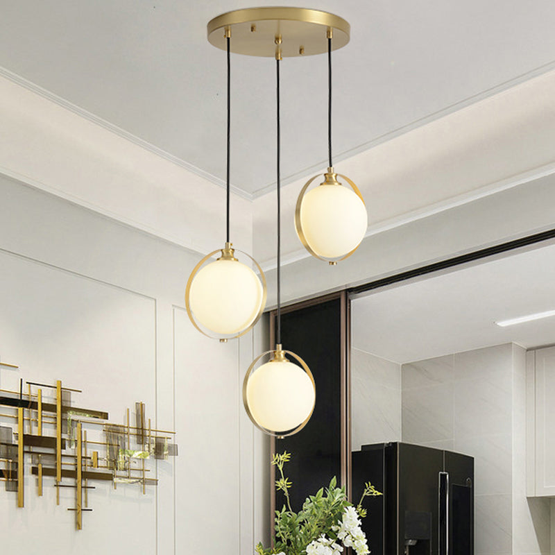 Modern Opal Glass Ball Suspension Pendant Lamp With 3 Heads In Gold / Round